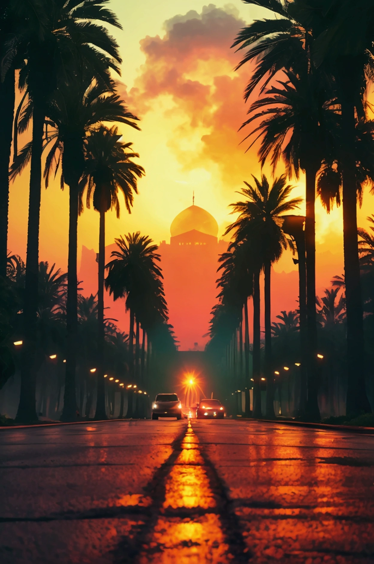 "The first scene is viewed from inside a car, showing a beautifully paved road ahead with vibrant green scenery on both sides. The second scene is reflected in the car's rearview mirror, where the reflection reveals a city entirely engulfed in flames. A sign with the Egyptian flag, half of it burning, is also visible in the mirror."