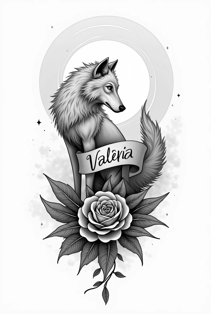 Create a black and white tattoo on the book of the little prince , where the wolf and his rose appear, that has a spiritual context , that focuses on love and eternity, somewhere on the tattoo the word "Valeria" Written in Arabic language