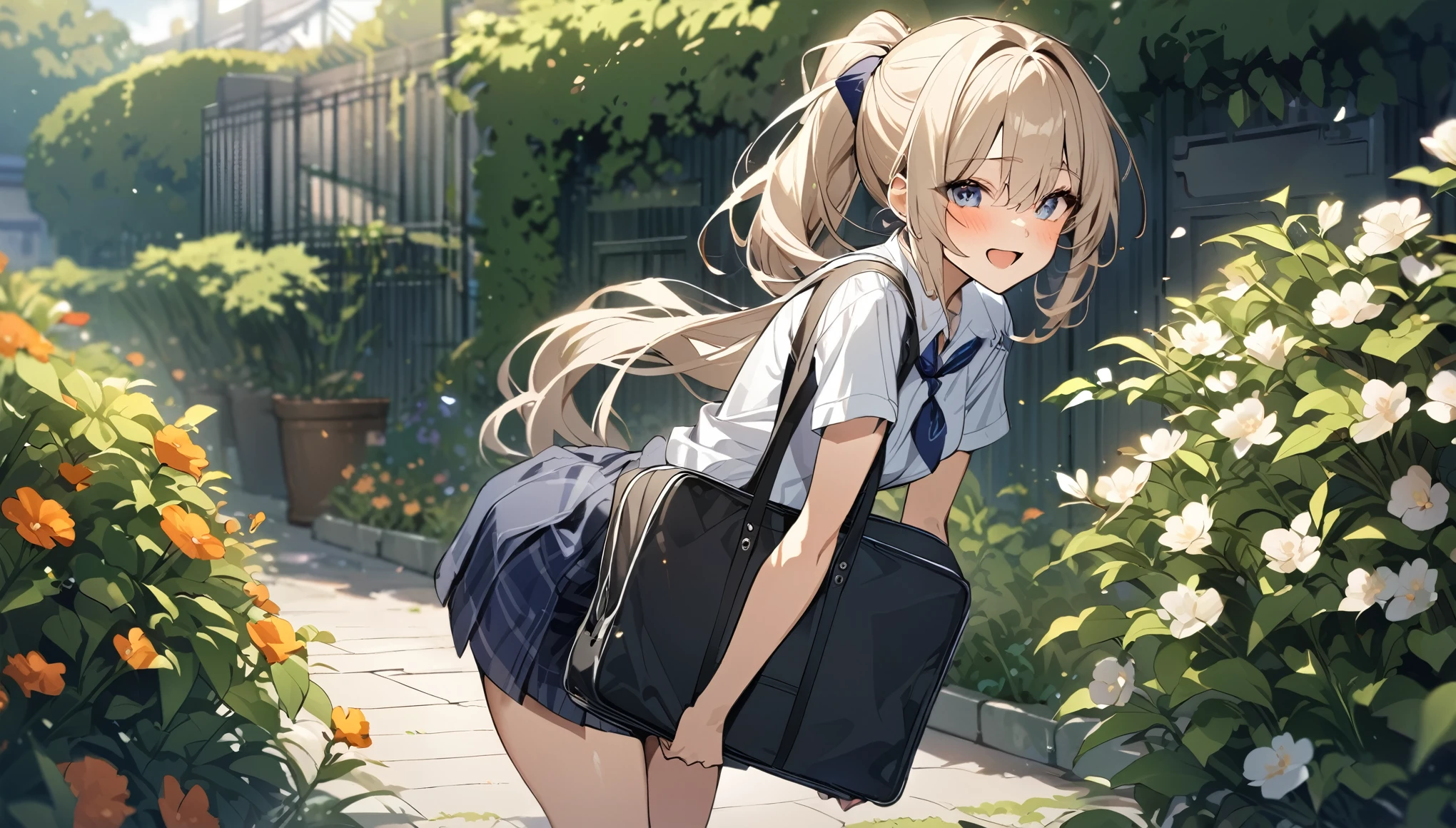Highest quality,high school girl,ponytail,Carrying a bag,garden