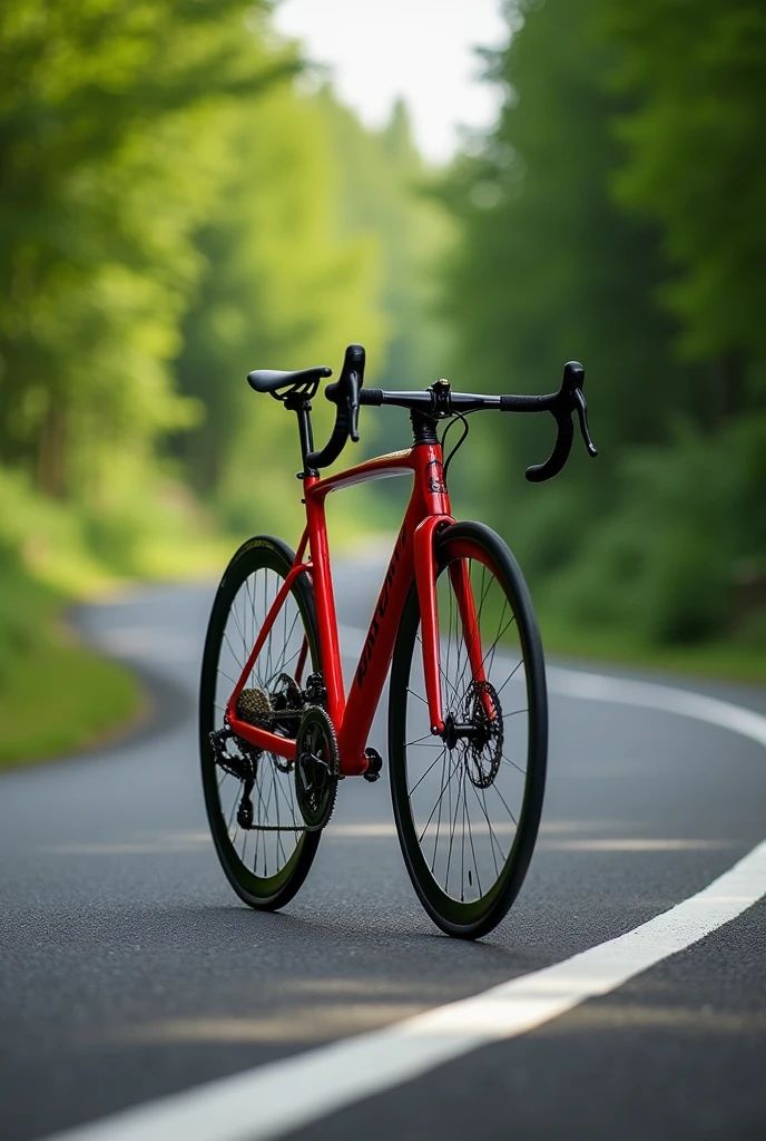 A red racing bike on a beautiful asphalt road in green nature