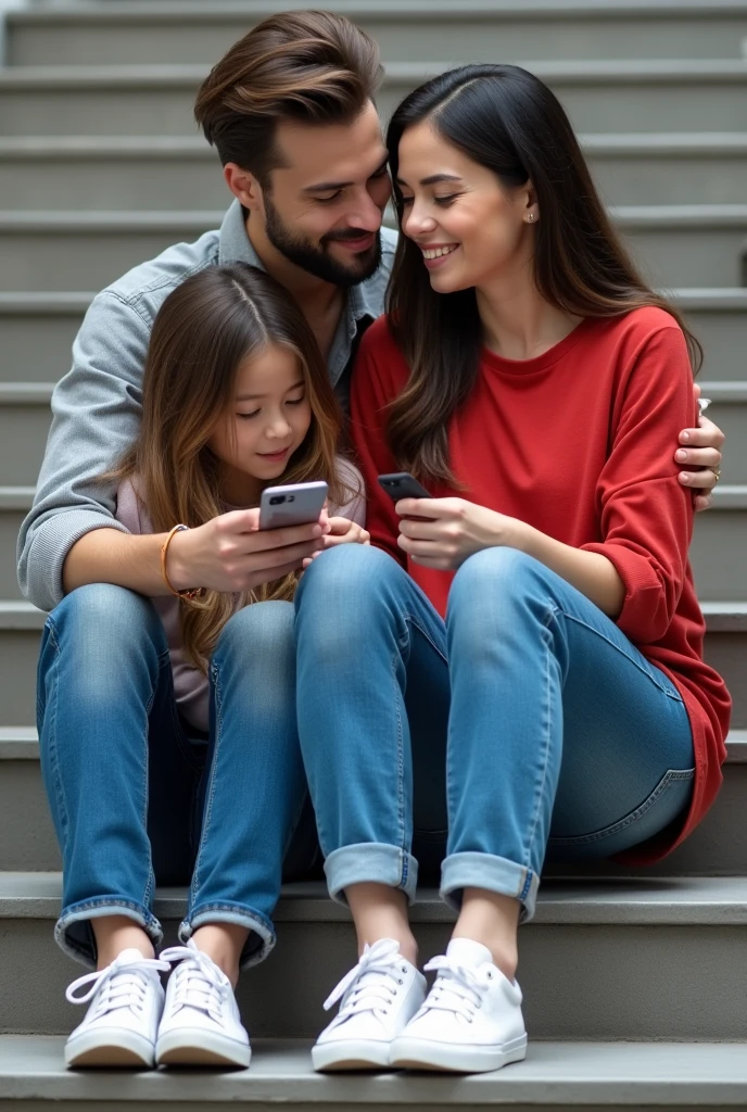couple is sitting on the stairs and talking, the girl is wearing a red top and jeans and the boy is wearing a grey shirt and jeans and both are wearing white shoes, a girl friend of both of them is also sitting with them, she is using her phone. She is sitting on the stairs one below them
