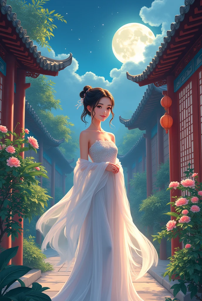 (((best quality))),(((ultra detailed))),(((masterpiece))),illustration,((1 beautiful girl,solo)),(short ponytail:1.2),((bright eyes,gentle smile)),((slim,thin)),((small breasts,flat chest)),(strapless white see through sheer Hanfu:1.3),flowing fabric,serene demeanor,vibrant plants and trees,(Chinese-style architecture:1.3),tile roofs,intricate wooden carvings,rich and vivid colors,(serene glow of the moon:1.5),(((colorful clouds))),traditional Chinese garment,(((summer night,village courtyard))),(standing)
