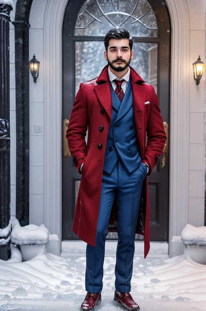 A 21-year-old young rich man with a small beard and big mustache, wearing a lush bluish pent coat and a red muffler. Snow-covered ground and icy environment. Dark, cold night with heavy snowfall. standing in front of grand mansion entrance door, looking outside at the snow, snowy and cold environment.
