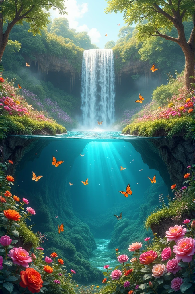 image that have waterfall,butterfly,grass,so many flowers and underground is full with flowers like garden