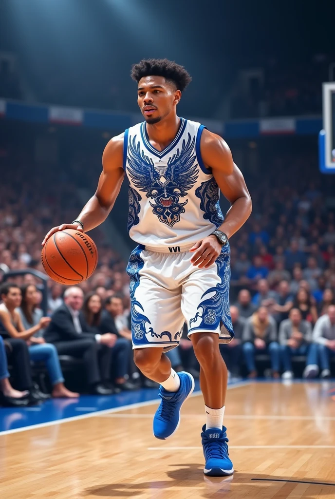 White basketball uniform with blue and Quetzalcoatl 
