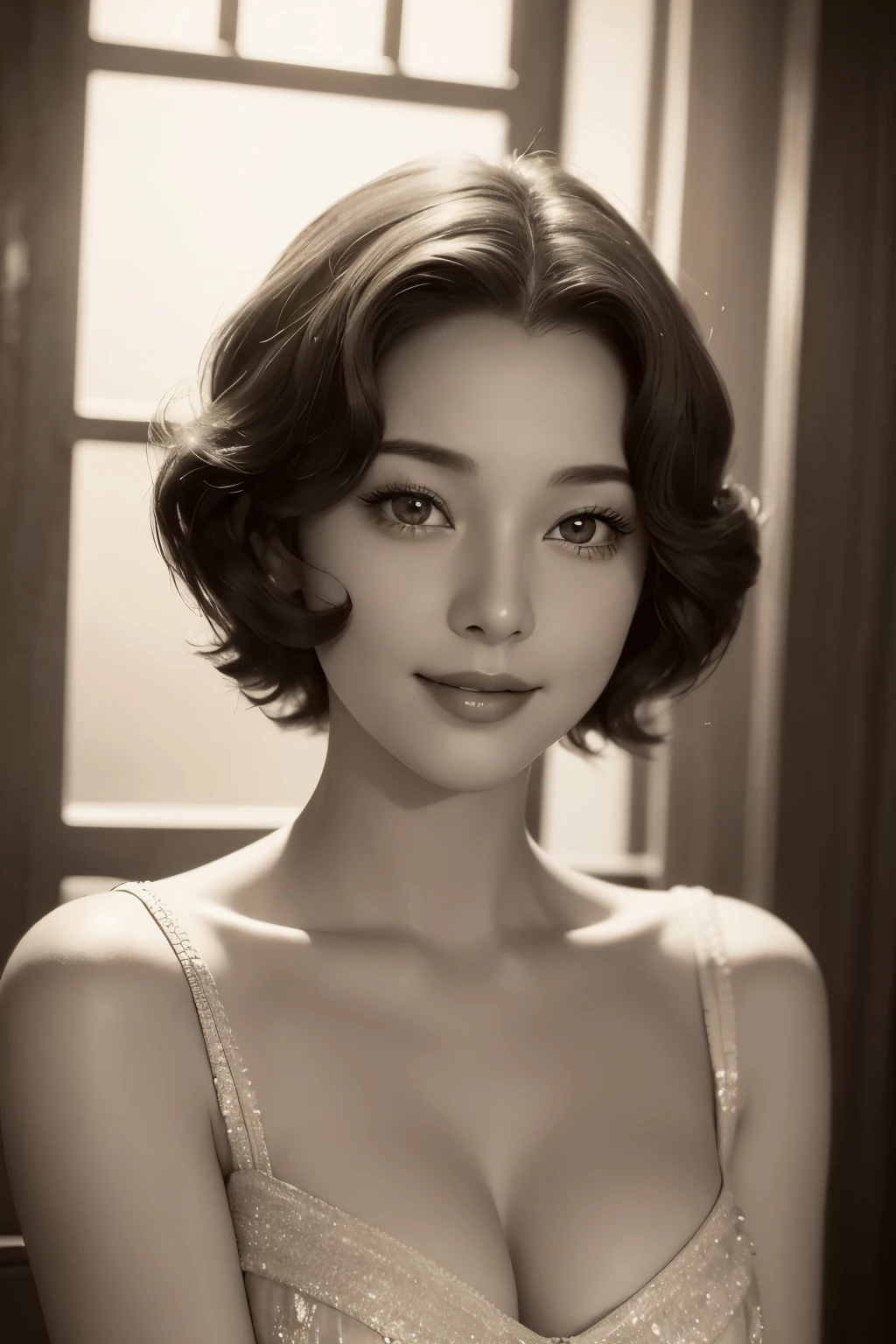 Sepia-tinted monochrome image quality、Photorealistic、Short Hair、Small Bust、A Little Smile、Beautiful woman in the style of a 1950s Hollywood star、A gorgeous, classic and soft dress、