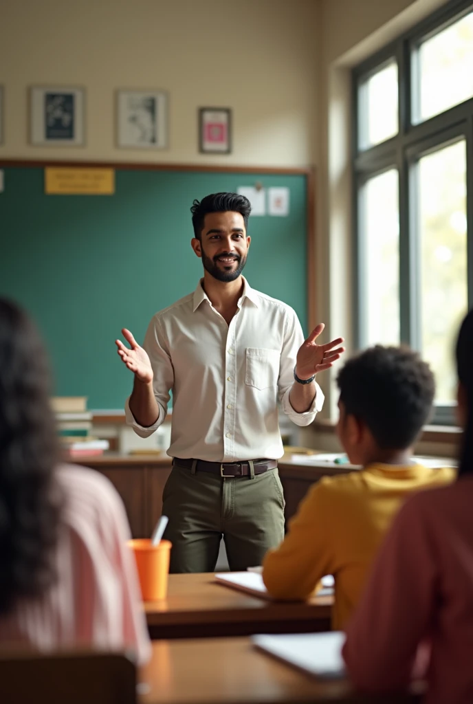 Generate a young handsome indian male teacher teaching in class , realistic looking 