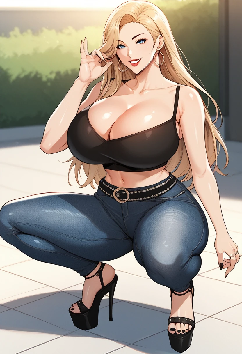 score_9, score_8_up, score_7_up, m18+, one woman, huge breasts, platform strappy high heels, long hair, black jeans, belt, crop top, squat, makeup, looking at viewer, blue eyes, smile, lipstick, huge ring earrings, jewelry , 