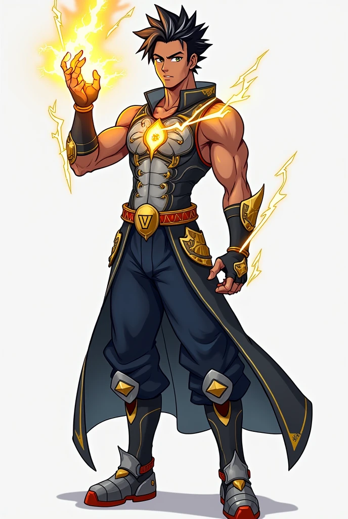 Aarav (Vajra) Character Design:Appearance:Build: Aarav is muscular and tall, with a strong, athletic physique that reflects his rigorous training. His skin has a warm, medium-brown tone.Hair: He has short, spiked hair that is jet-black, with a few silver streaks running through it, symbolizing his connection to the Vajra, or thunderbolt.Eyes: His eyes are sharp and intense, glowing slightly with a golden hue when he’s using his powers.Costume:Upper Body: Aarav wears a sleeveless, armored vest made of a high-tech, metallic fabric that resembles polished steel but is flexible. The vest has intricate designs resembling ancient Indian armor, with glowing blue lines tracing along the patterns, symbolizing energy channels.Lower Body: He wears durable, dark blue pants made from a similar material, with metallic knee guards and boots that are reinforced for high-impact movements. The boots have a lightning bolt motif, matching the overall theme of his power.Accessories: Aarav has metallic gauntlets on both arms, embedded with conduits that channel his lightning powers. These gauntlets can project energy shields or focus his lightning into powerful blasts. He also has a utility belt with small compartments for gadgets and emergency tools.Cape: Aarav’s costume features a short, flowing cape attached to his shoulders, resembling the robes of ancient warriors. The cape is adorned with ancient Sanskrit symbols representing strength and protection, and it slightly crackles with energy, hinting at his connection to the Vajra.Pose: Aarav stands confidently, one arm raised as if he’s ready to summon a lightning strike, with energy crackling around his fingertips. His other hand rests on his hip, and his expression is focused, determined, and ready for action. 
Anime drawing style 