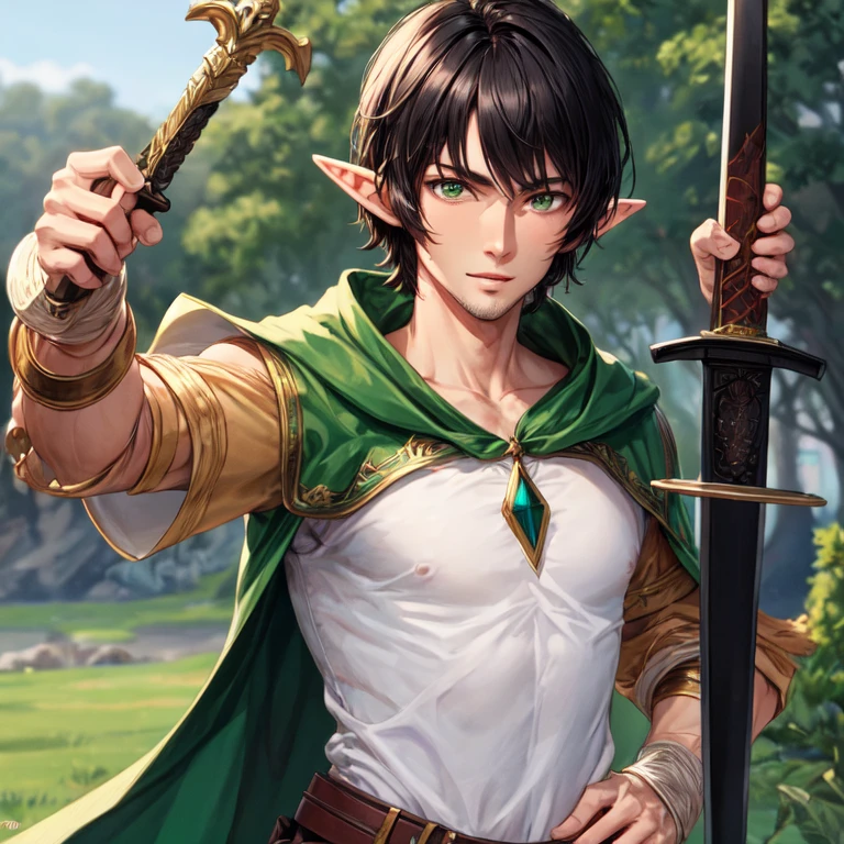 Tall handsome elf man with short black hair and green eyes richly dressed with a sword