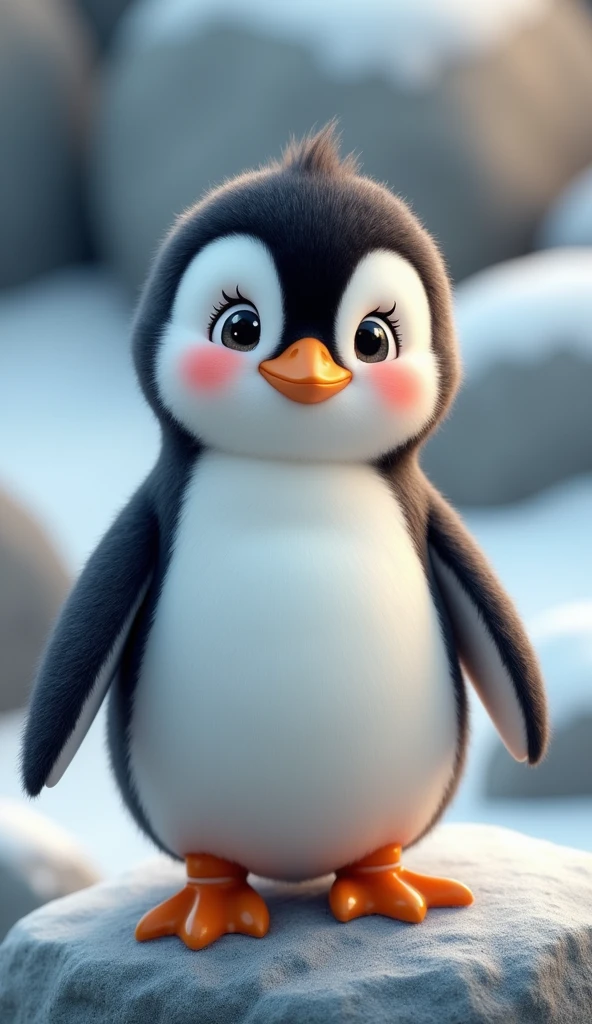 Penguin: The bird has a chubby body with black and white feathers. Its belly and face are white, while its back, head and wings are black.
Cute face: The penguin's face has big, round and sparkling eyes, along with long eyelashes that create an innocent and adorable feeling. He has pink cheeks and a small orange beak, creating a very friendly and endearing appearance.
Pose: The bird stands on a rock, with two small orange legs. Standing with straight back and funny expression, creating a cute and approachable look.
Environment: The background fades, highlighting the penguin. It looks like he's standing in a snowy environment, with rocks and natural light creating a warm scene.
