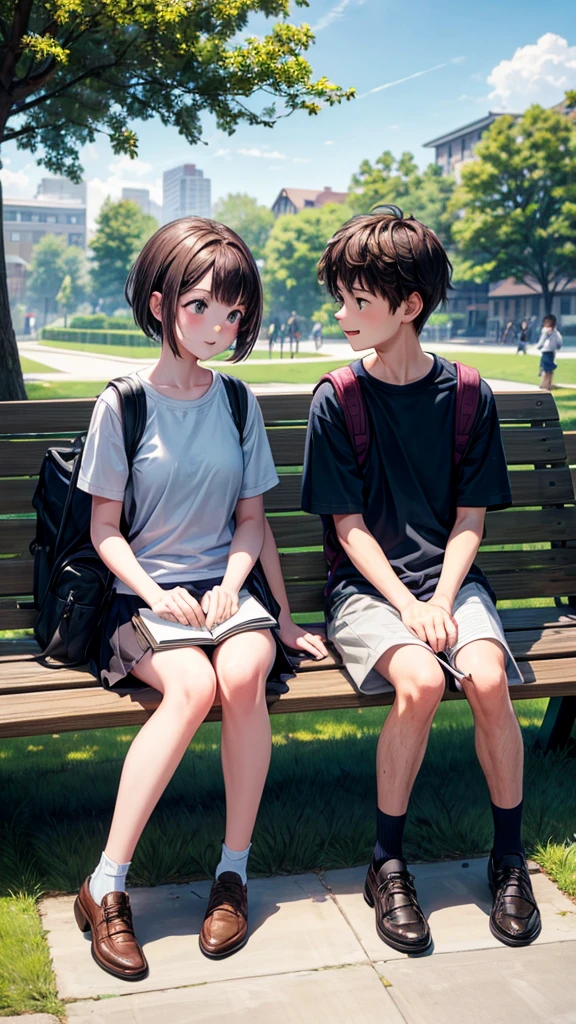 A  sits on a park bench, holding a notebook. She’s engaged in a lively conversation with her friend, a boy of the same age. They both wear casual clothes and backpacks are beside them. The setting is a sunny day in a schoolyard with trees and other students in the background. The gir