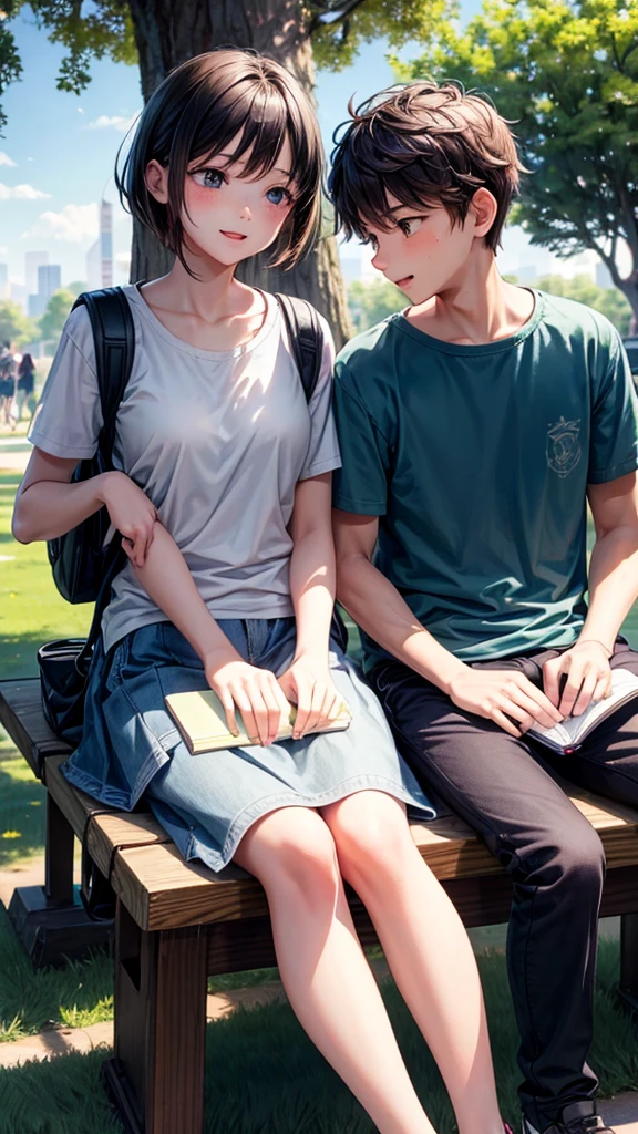 A sits on a park bench, holding a notebook. She’s engaged in a lively conversation with her friend, a boy of the same age. They both wear casual clothes and backpacks are beside them. The setting is a sunny day in a schoolyard with trees and other students in the background. The gir