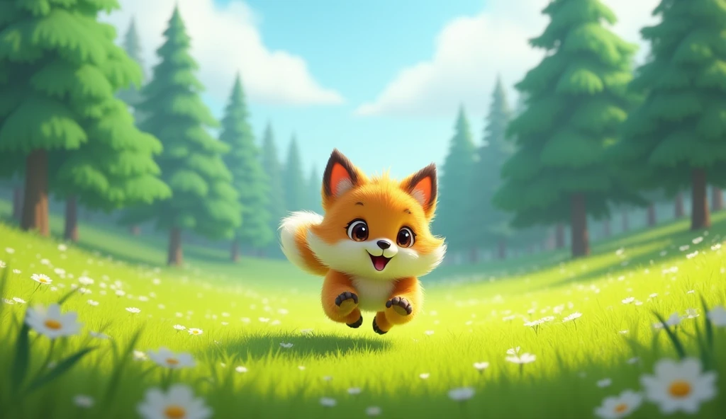 Animals story Gudoo is running fast in the middle of the field, with the forest scene behind him. His speed and joy are highlighted.