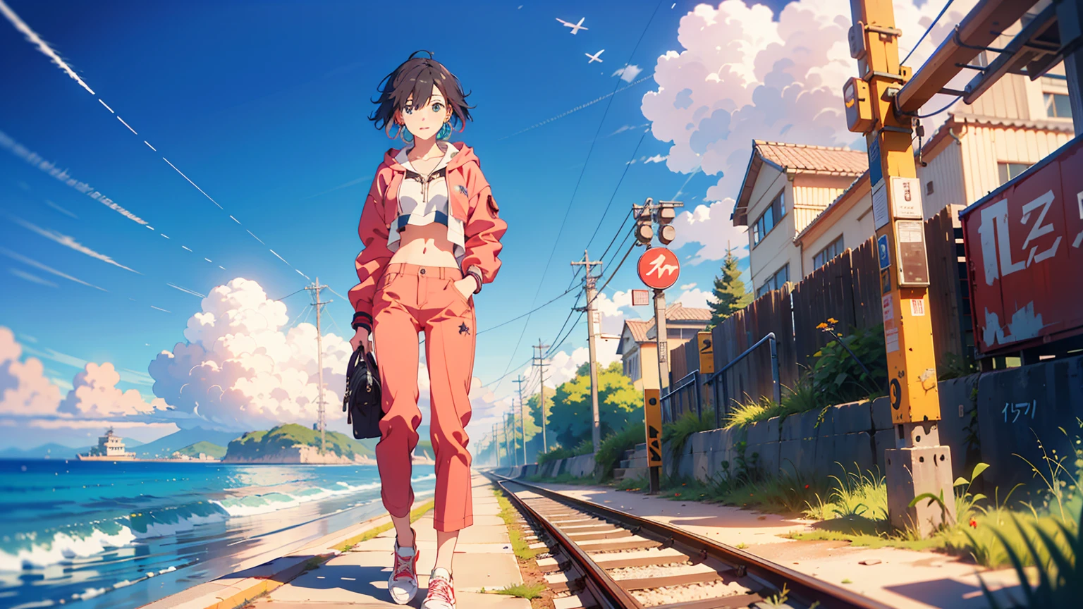 (best quality), ((masterpiece)), (highres), illustration, original, extremely detailed, 1girl, headphones, solo, Electric guitar Amplifile Guitar, sky background, midriff, pants, blue eyes, hair over one eye, simple background, shoes, black hair, long hair, hood, full body, red jacket, looking at viewer, hoodie, sneakers, hoop earrings, crop top, red pants, standing, jacket, baggy pants, there is a train crossing on the tracks near the ocean, traffic light, beautiful anime scene, ( ( makoto shinkai ) ), anime landscape, beautiful anime scenery, anime movie background, makoto shinkai. —h 2160, makoto shinkai cyril rolando, anime beautiful peace scene, anime background art, anime scenery, anime background, colorful anime movie background