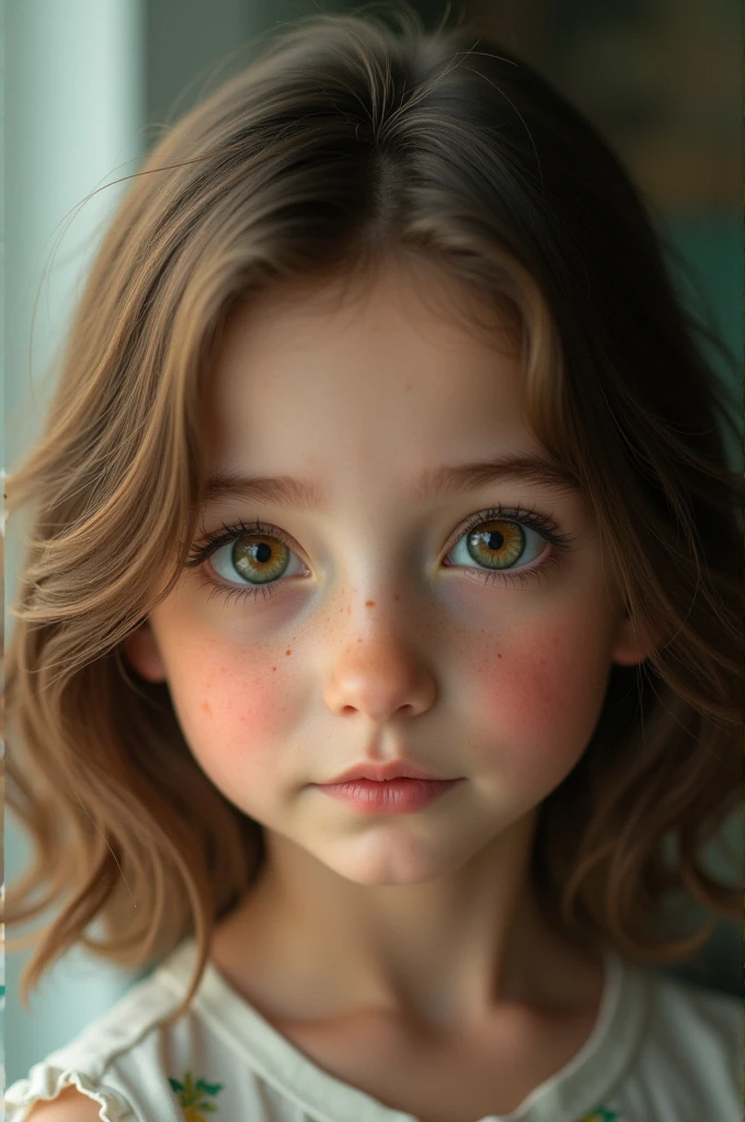 8 year old girl brown hair heterochromia eyes, The right brown and the left green