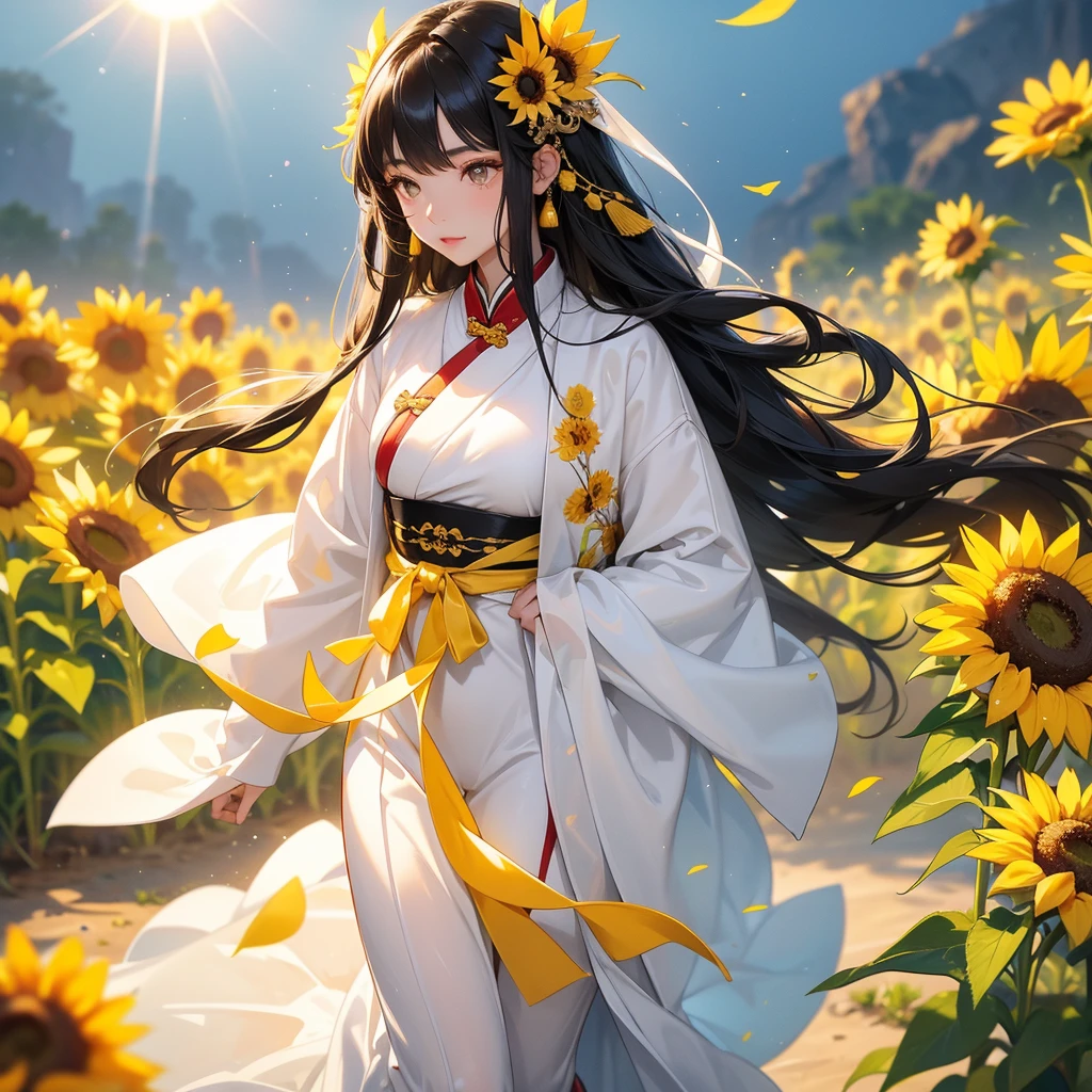 A beautiful girl with black long hair, wear white ancient chinese clothes, Walking Strolling among the sunflower fields Glowing yellow, with the sun shining on her face, close up.