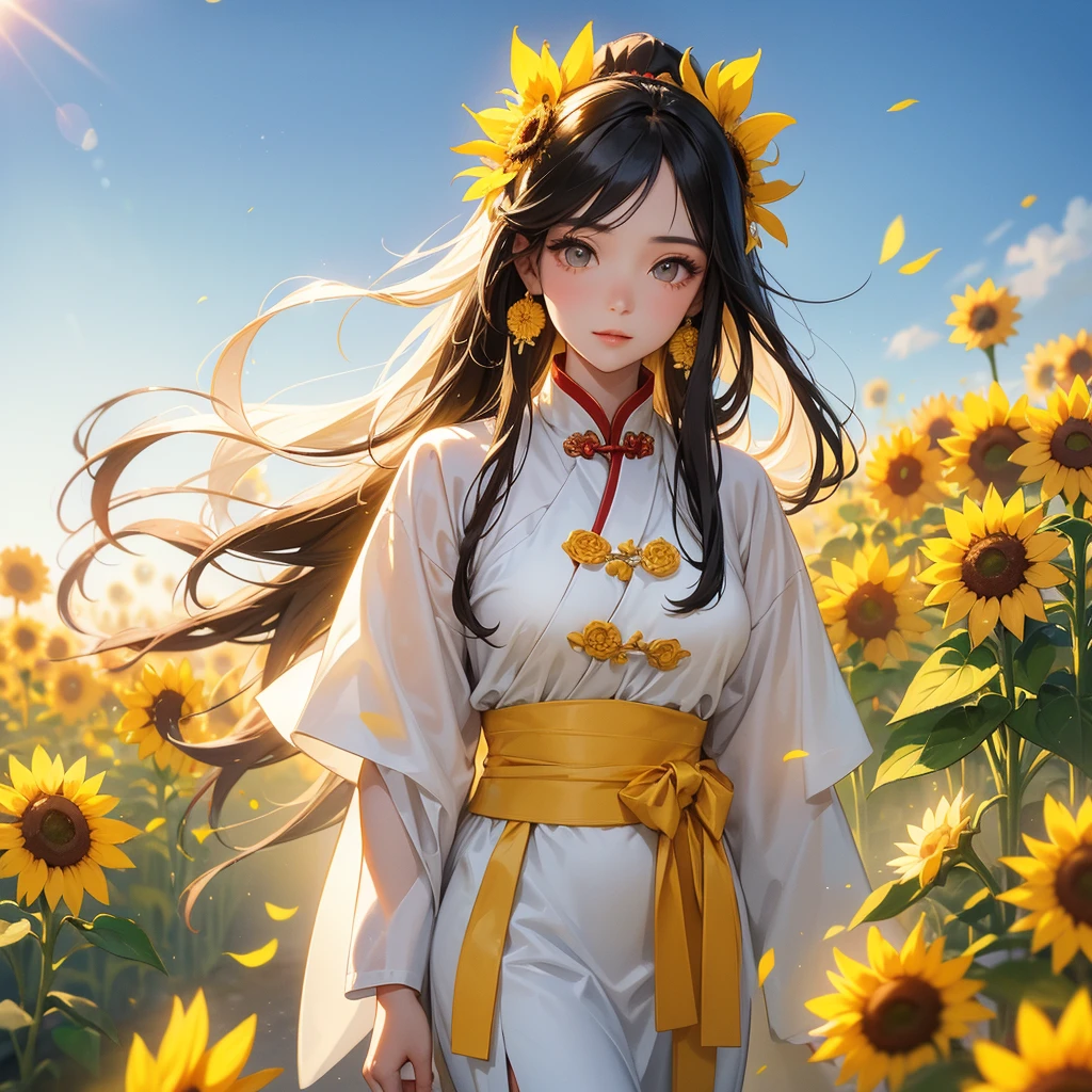 A beautiful girl with black long hair, wear white ancient chinese clothes, Walking Strolling among the sunflower fields Glowing yellow, with the sun shining on her face, close up.