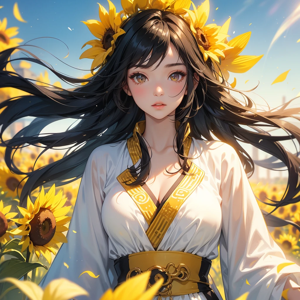 A beautiful girl with black long hair, wear white ancient chinese clothes, Walking Strolling among the sunflower fields Glowing yellow, with the sun shining on her face, close up.