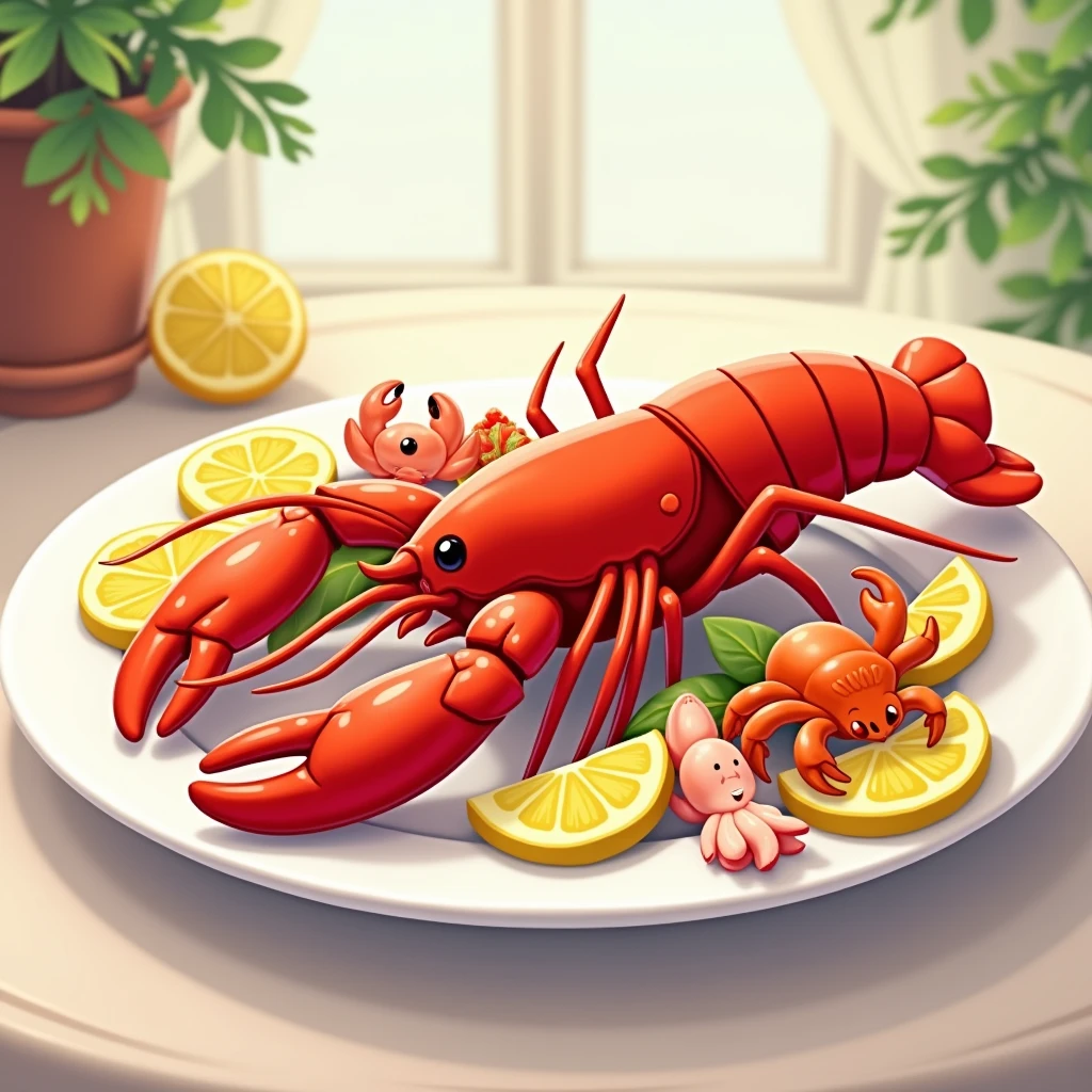 Dining room,A large white plate,A bright red Boston lobster,Some lemons around,Small seafood,Baby Octopus,Small crab,Disney cartoon style