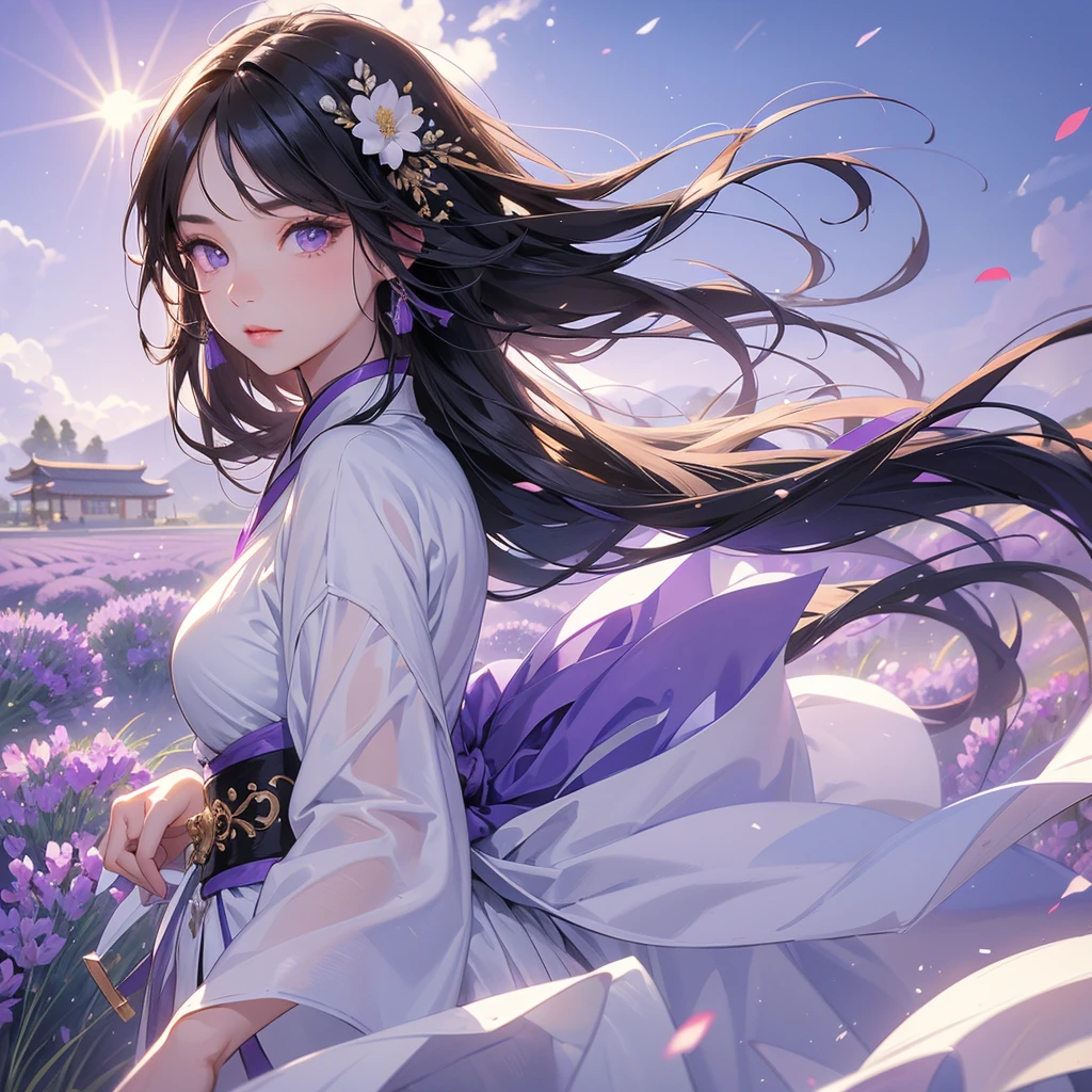 A beautiful girl with black long hair, wear white ancient chinese clothes, Stroll among the purple lavender fields , There are some floating clouds,, with the sun shining on her face, close up.