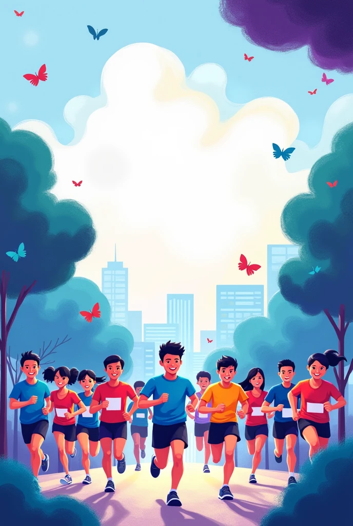 Create an illustration of people running for an event. Title of the backdrop is ‘mental health run’. Main colors are blue and purple. Save the middle space for logo. Asian people in the illustration. Make it a bit more cartoonish. Change the color of the shirt to more colorful.
Do not include the logo. The scenery change to abstracts. No trees and bushes. No hills, no bushes, no mountains, no buildings. Make it more painting like