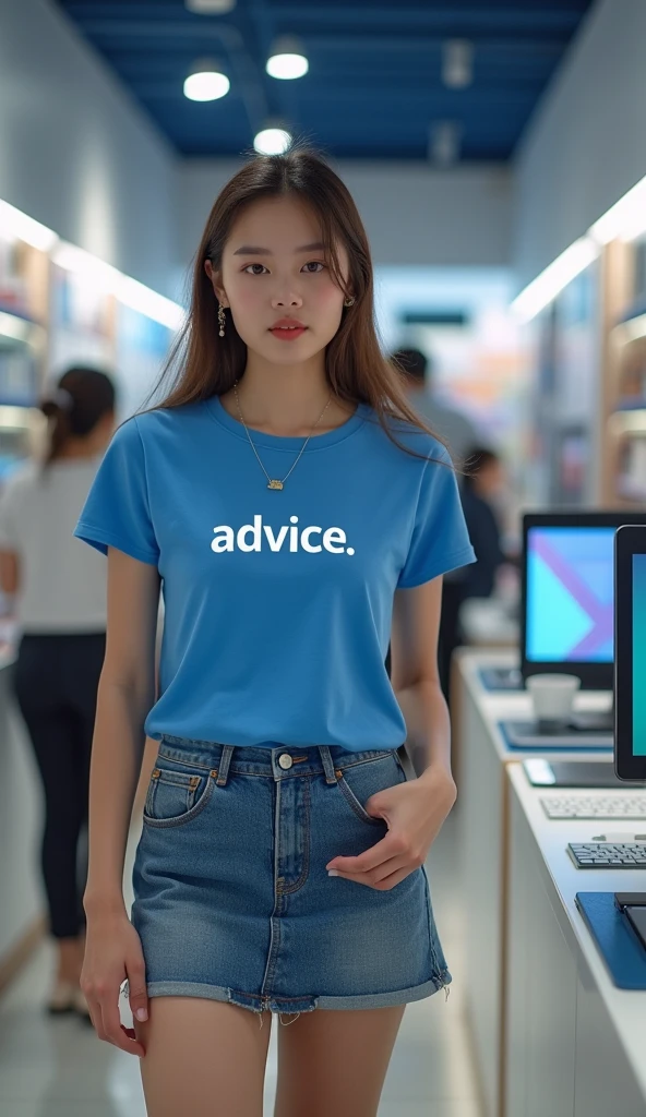 A beautiful Thai girl wearing a blue T-shirt with the words printed on it "ADVICE", Wear a short jean skirt, (((Standing holding a sign "YOU ARE BUSY"))) In a tablet computer store