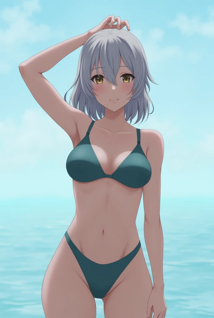 swim1, The prototype of destiny, wapokichi, Bare shoulders, blue sky, hazy, hazy background, split, day, Depth of field, Gray hair, Hair between the eyes, Hair sockets, Raise your hand, Medium breast, Navel, in the fresh air, sky
