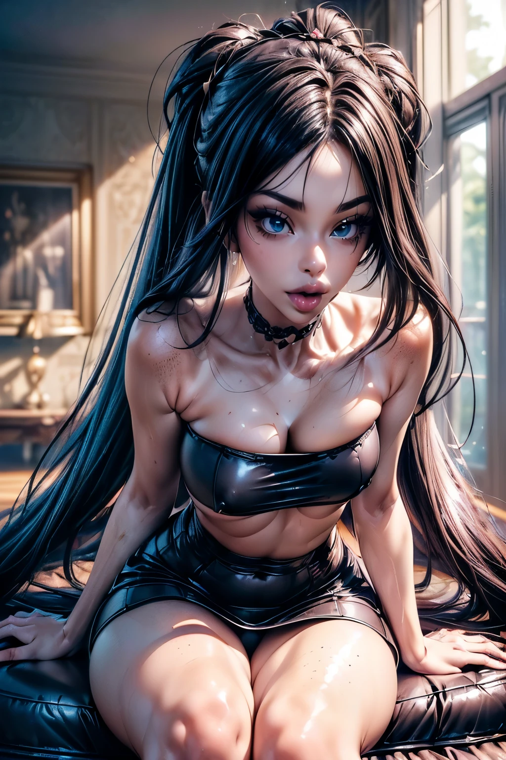 (best quality), (exquisite and meticulously detailed masterpiece), (hyper realistic anime face), (octane render), (((3D))), photorealistic, Create a hyper-detailed, high-resolution illustration of an anime-inspired woman, showcasing a blend of photorealistic and anime elements. This character combines the ethereal beauty with the captivating allure of anime aesthetics. She has deep, expressive light blue eyes, ((pefect beautiful big eyes)), (((big eyes))), ((eyeliner foxy eyes)), and her hair is very long, reaching almost to her waist, with a ((dark black hair)), (messy hair). shes has two messy buns and also lots of ((messy loose hair). Her ((((((lips are large and luscious, enhanced with hyaluronic acid injections)))))),((((bimbo lips)))), , giving them a soft appearance. The woman has a serene gaze and a slight smile, adding an air of mystery and charm, ((mischievous slightly smile)), (((Her face is covered in lots of freckles))), ((as well as her chest and shoulders)), ((freckles on face, chest and shoulders)). Her skin is smooth, silky and (( pale)). She is (( thin ))and has a (( tiny waist)) that, along with her sensual hips, gives the impression of resembling an hourglass, ((((small boobs)))), ((small size boobs)), (((visible collarbones))), ((( sexy top)), (((underboob))), showing collarbones, ((neckline)), ((sleveless)), ((tube skirt)). The pose is dynamic and provocative, (dynamic pose:1.5), sitting pose, taking a phone selfie from above, staring at viewer( (detailed day indoors:1.6), ((girlie fancy and elegant bedroomwith intricate decoration all over the space and in the walls)), This masterpiece marries the ultra-realistic detail of her features with the distinctive charm of anime aesthetics, aiming for an 8K resolution to capture every nuance of this intricate scene, ((bratty face expression))