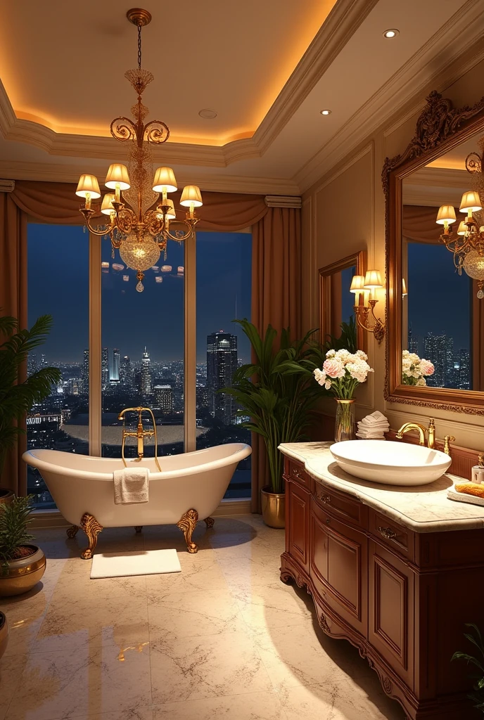 Make me a bathroom of a penthouse style Luxury old money from the 80s with a lot of luxury and extravagance that is beautiful and realistic that is at night