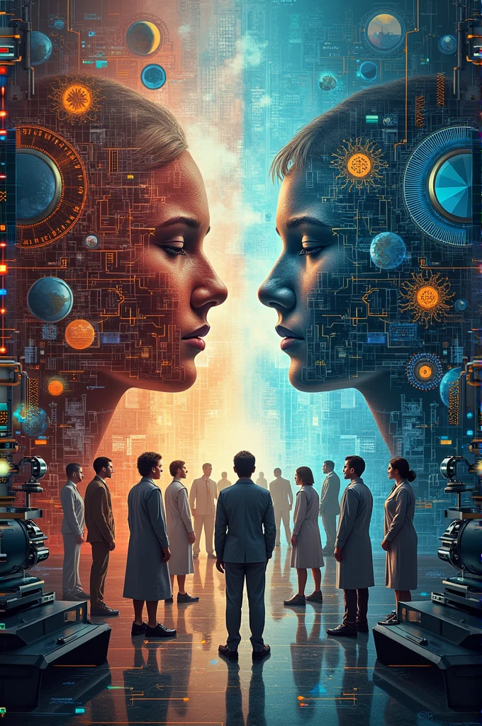 Create visual art that explores the relationship between science, technology, and society. Use symbols of science, modern and old technologies, and people to show how they influence each other. 

Give your artwork a title that captures its theme, and consider briefly explaining your concept.
