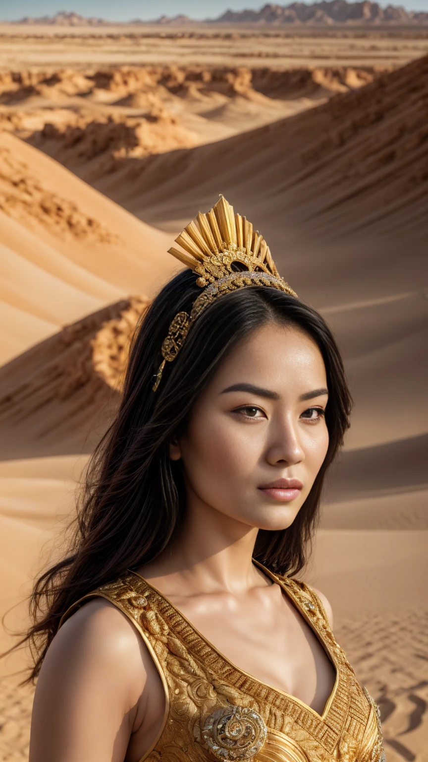 A captivating photo, (wide lens), of a gorgeous ancient Mongolian woman in traditional native attire, elegantly posed, sensual and alluring, featuring intricate jewelry, detailed headdress, warm desert lighting, hyper-realistic textures, cinematic composition, a masterpiece by Sandro Botticelli and Gustav Klimt, high detail, 8k resolution, artstation trending.