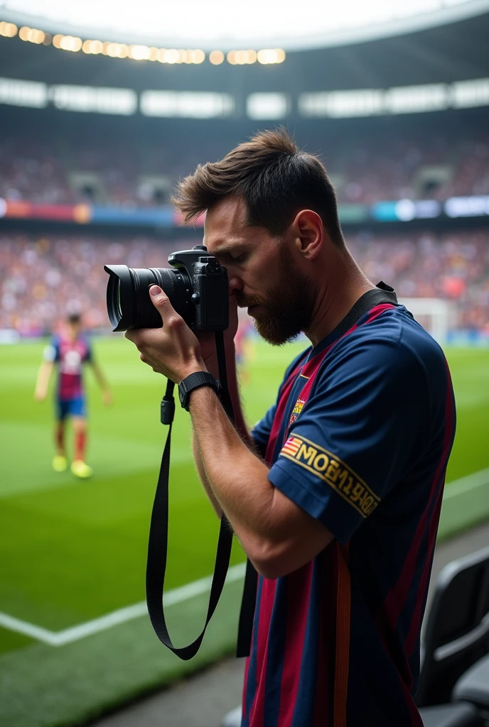 Messi as a photographer in a football ground with a camera