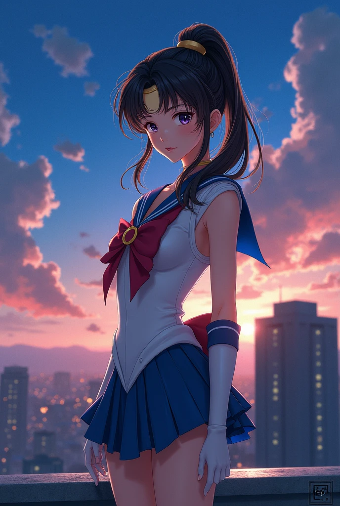 A girl in a sailor uniform is posing on a rooftop at night, Sailor Moon anime drawings, pixiv Contest Winner, Renaissance, Sailor Jupiter. beautiful, Portrait of a girl in the Knights of the Zodiac, Official Art, Official Anime Artwork, Zerochan Art, Artgerm JSC, I also make fan art, Smooth anime CG art, Makoto Shinkai and Artgelm