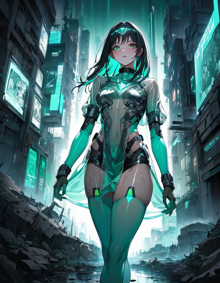 Monochrome Tiffany Blue, Highest quality, very detailed, delicate and dynamic, Three-dimensional effect expressed through light and shadow, Cyberpunk cityscape, Eye-catching effect, modern art, Low-Angle, cinematic angles, looking at the viewer with a love struck expression. Pretty woman in her 20s, young , mature girl, detailed face, detailed eyes, pouty lips, full lips, detailed sweaty skin, sweaty, thick thighs, athletic female, slender and curvey, fit, athletic but feminine figure, tall, emerald green eyes, waist length long black hair with emerald green inner hair. Part of the clothing is translucent, translucent parts has a slight illumination, bikini armour, bikini_armour, skimpy outfit, thigh highs, knee-high boots with high heels, choker collar, emerald green circlet, long transparent pelvic curtains, long transparent pelvic_curtain, emerald green skimpy powered exosuit, translucent large raincoat on top, open, standing in a contemplative pose amidst the neon-lit ruins, intimidating expression, textured digital art with muted tones and subtle ambient noise, detailed and intricate illustration, dystopian and gritty yet beautiful, a glimmer of hope in the decay, illuminated character, character lighting,