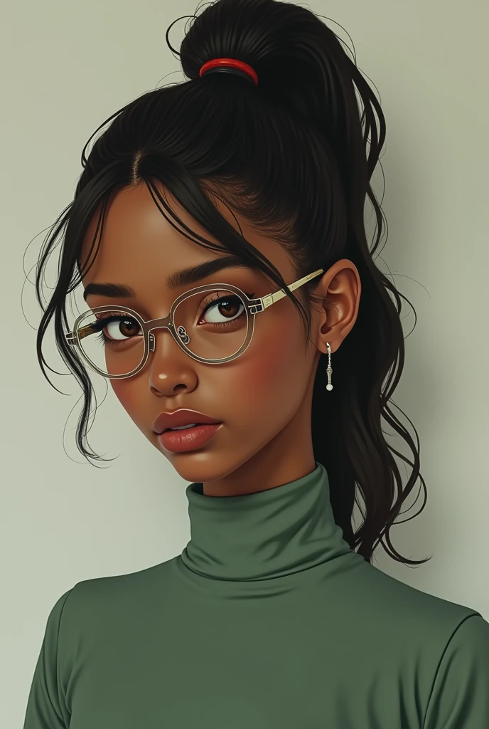 A dark brown skinned girl with brown almond eyes & high ponytail hairstyle wearing sage green high neck blouse & clear spectacles 