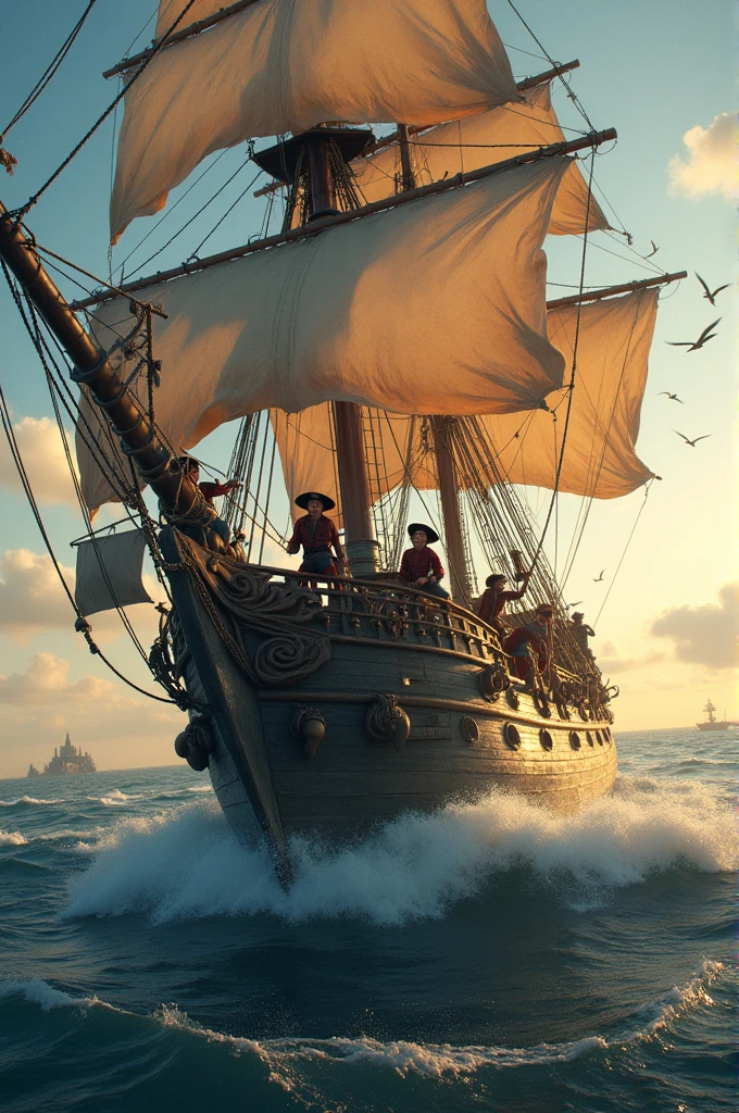 A ship sailing with pirate children on it