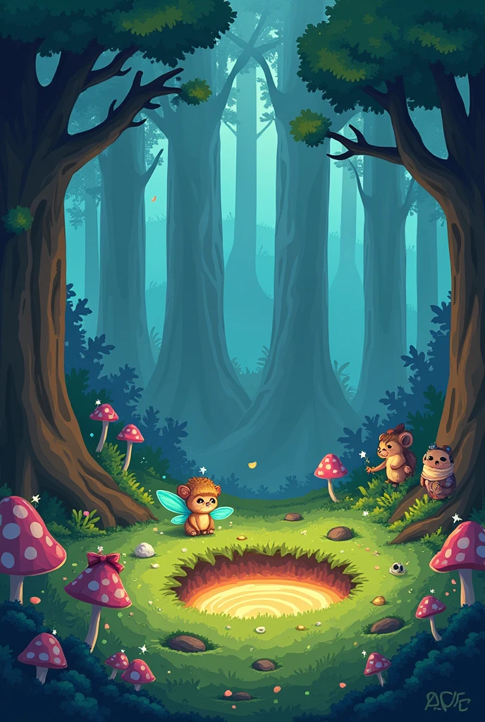 A magical forest with a big hole in the ground, cartoons