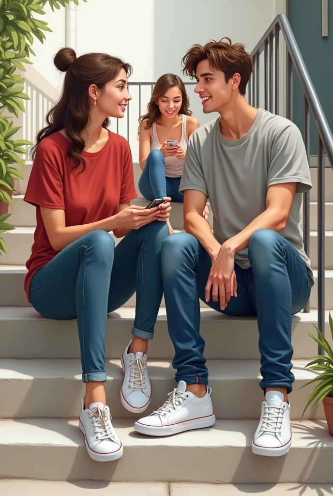 1 girl and 1 couple is sitting on the stairs and talking, the girl is wearing a red top and jeans and the boy is wearing a grey shirt and jeans and both are wearing white shoes, a girl friend of both of them is also sitting with them, she is using her phone. She is sitting on the stairs one below them