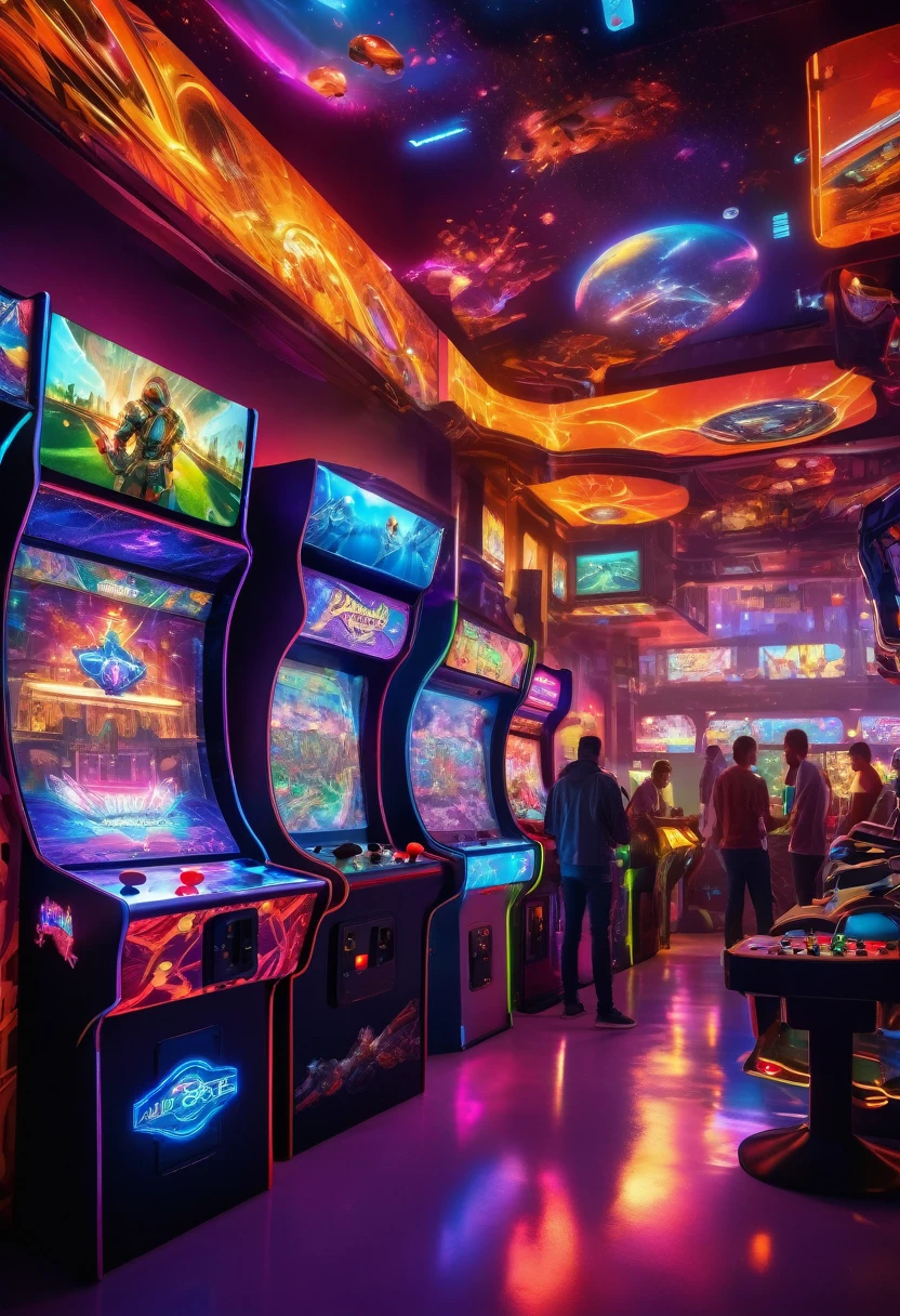 (High resolution, bright colors, Super detailed), High-tech arcade game room, Futuristic game console, intricate details, Players are concentrating on playing, Realistic lighting, LED lights reflect on players and machines, Bright colors create a futuristic atmosphere, Innovative perspectives on machine screens, With the future city as the background