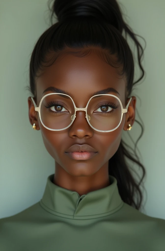 A dark brown skinned girl with brown almond eyes & high ponytail hairstyle wearing sage green high neck blouse & white framed spectacles