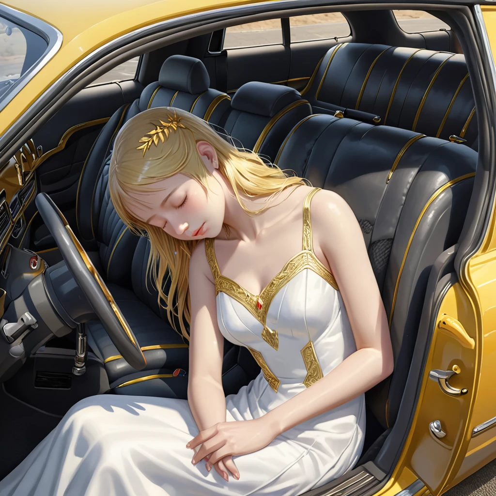 ((masterpiece)), ((Highest quality)), 8k, High resolution, Super Detail, (woman), (White dress with yellow gold trim), (Scattered golden hair ornaments), (Closed eyes) (Sleeping in the car 1.6) (Full body display 1.4) この作品はmasterpieceだ, The highest quality and attention to detail, captured in 8k High resolution. Photographic Realistic, Realistic, very detailed illustrations Realistic, Octane Rendering