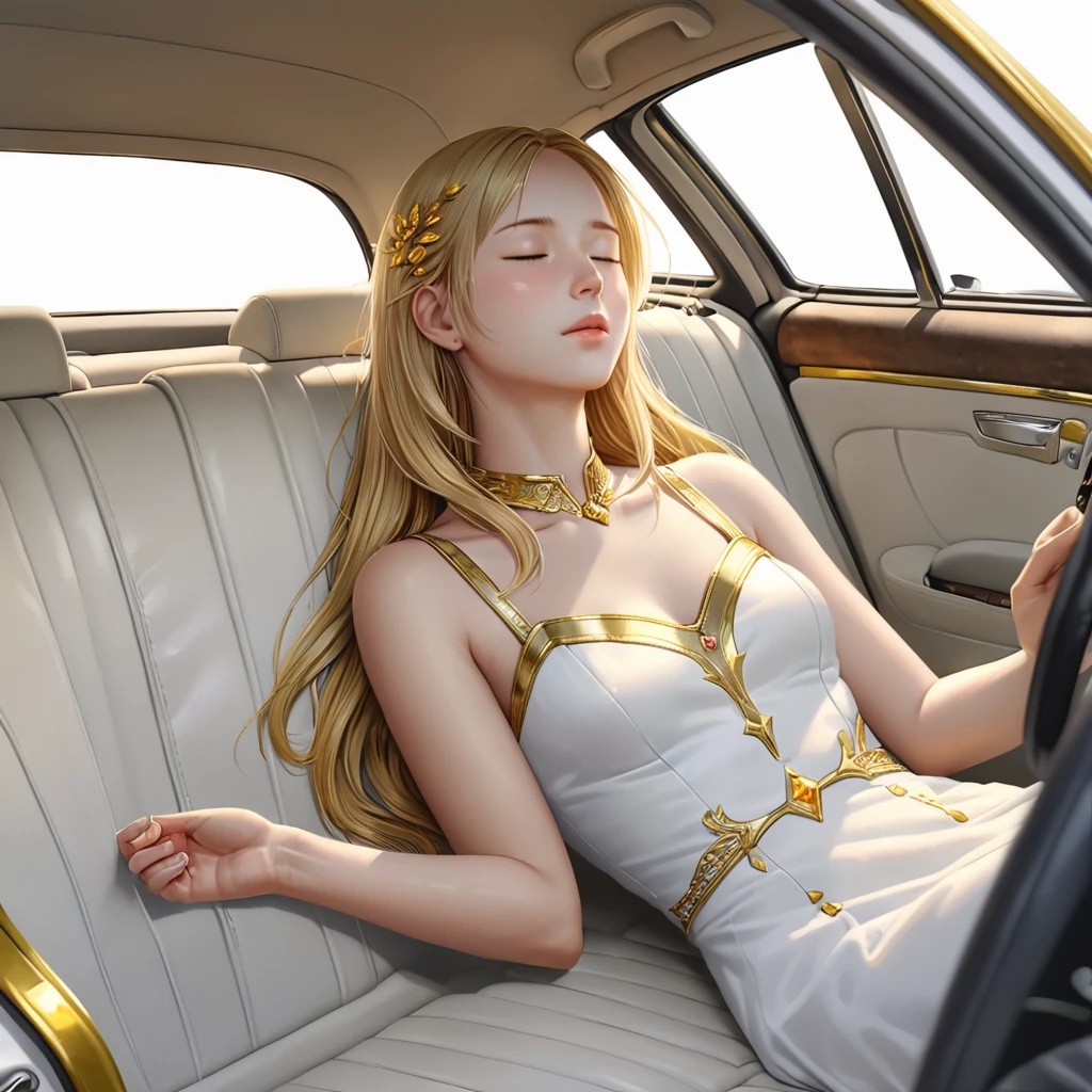 ((masterpiece)), ((Highest quality)), 8k, High resolution, Super Detail, (woman), (White dress with yellow gold trim), (Scattered golden hair ornaments), (Closed eyes) (Sleeping in the car 1.6) (Full body display 1.4) この作品はmasterpieceだ, The highest quality and attention to detail, captured in 8k High resolution. Photographic Realistic, Realistic, very detailed illustrations Realistic, Octane Rendering
