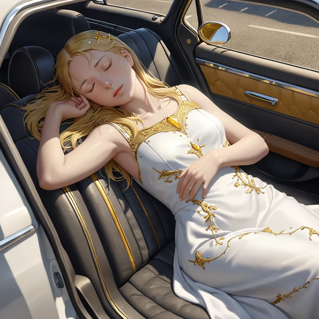 ((masterpiece)), ((Highest quality)), 8k, High resolution, Super Detail, (woman), (White dress with yellow gold trim), (Scattered golden hair ornaments), (Closed eyes) (Sleeping in the car 1.6) (Full body display 1.4) この作品はmasterpieceだ, The highest quality and attention to detail, captured in 8k High resolution. Photographic Realistic, Realistic, very detailed illustrations Realistic, Octane Rendering