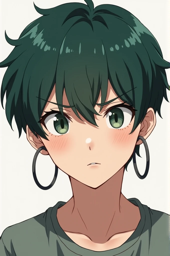 Anime boy, short dark green hair, irritated eyes, two hoop earrings on the left side, clear facial structure, ager