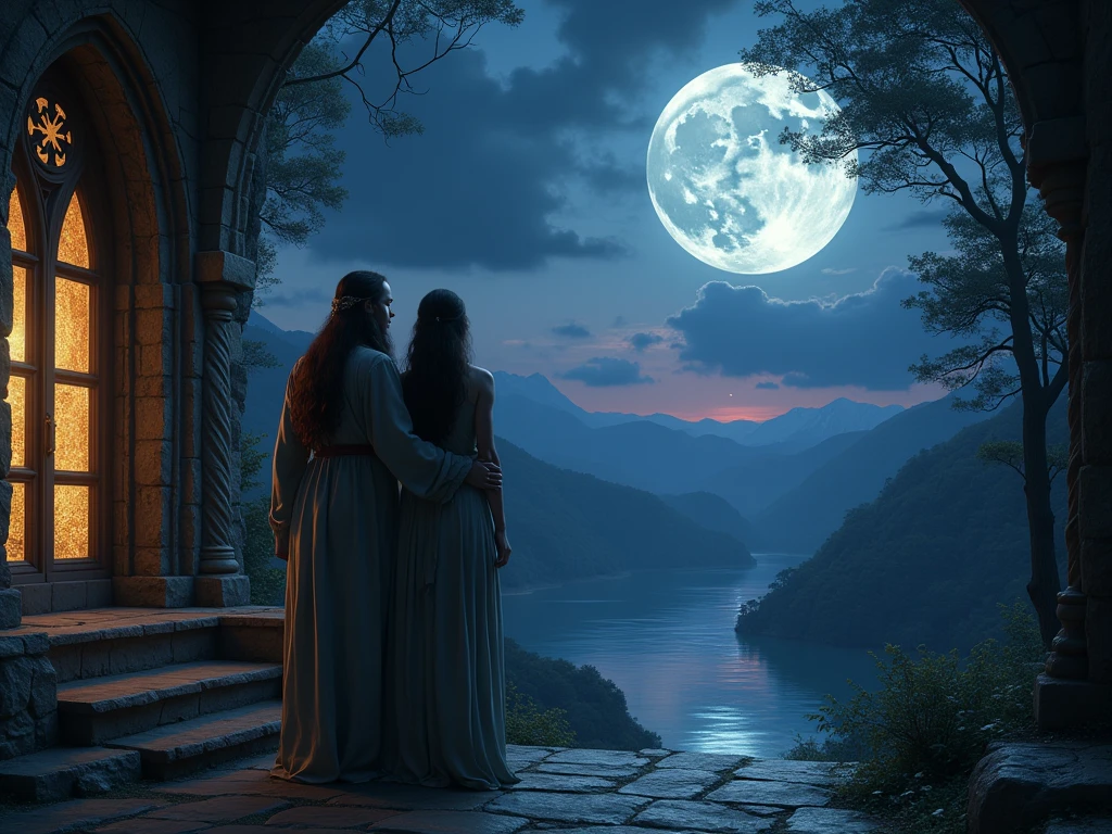 a portrait of a female druid standing with her husband near a window in a palace watching at night to the moon goddess, an exquisite beautiful woman, an exotic beautiful druid, priestess of nature, ultra feminine, full body, busty woman, most beautiful face ultra detailed face, ((anatomically correct: 1.5)) ultra detailed face, dynamic hair color, dynamic hair style, dynamic skin complexion, (best detailed face: 1.5), wearing a long robe, watching at night to the moon goddess, it is night time, the moon is full. enchanted moon, divine moon, some stars, the night sky are in shades of black, dark blue and purple, some clouds, divine rays, moon rays, fantasy palace of nature background, a river running near the temple, the moon reflected in the water, vibrant, Ultra-high resolution, High Contrast, (masterpiece:1.5), highest quality, Best aesthetics), best details, best quality, highres, ultra wide angle, 16k, [ultra detailed], masterpiece, best quality, (extremely detailed), 
