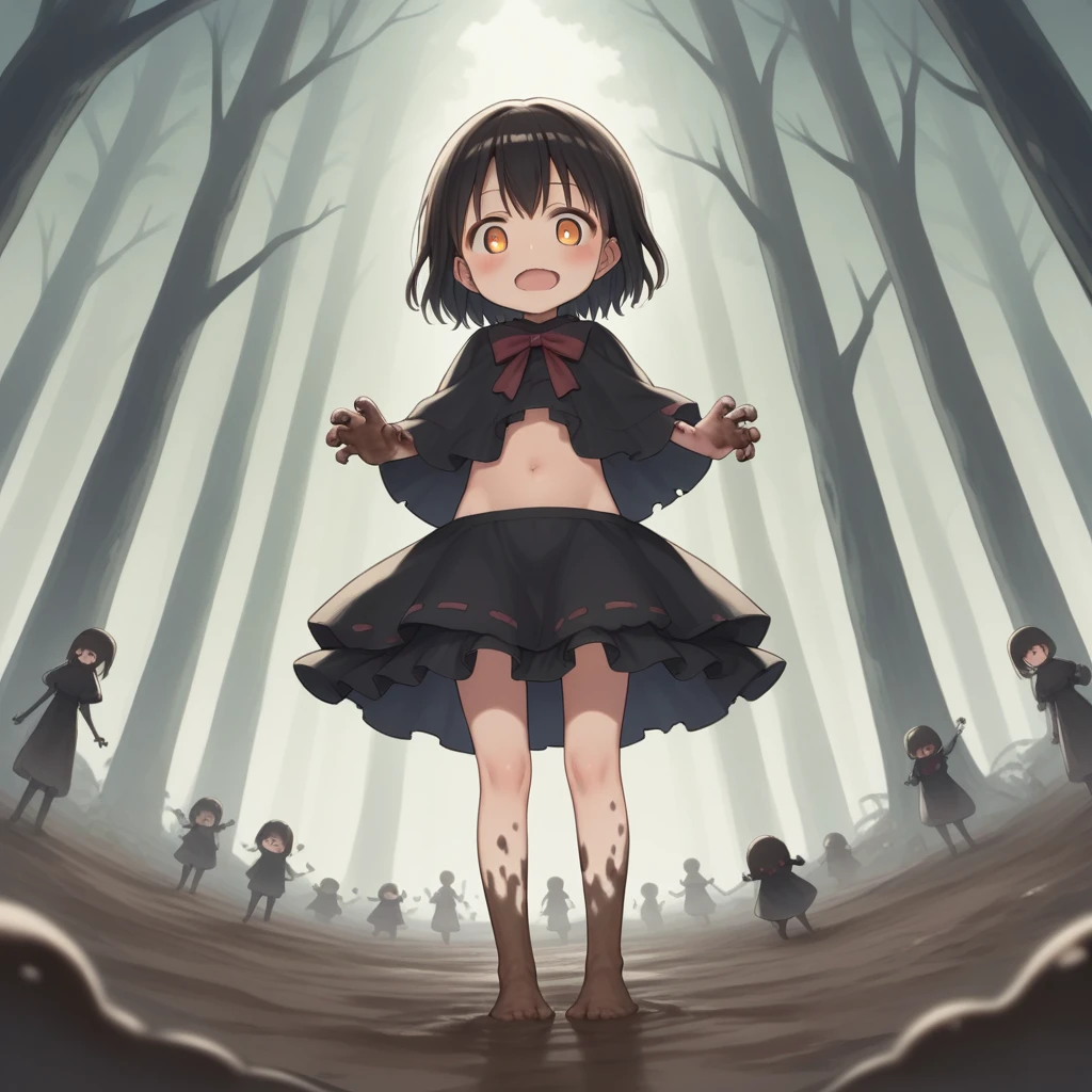 masterpiece, score_9, score_8_superior, score_7_superior, score_6_superior, Cute dark horror fantasy in cartoon style,Fairytale Dark, CG Digital Art, Dark swamp, Mud Demon, (His whole body is made of mud, The area below the navel is fused with mud., へそsuperiorが人の形, 沼から見superiorげている)