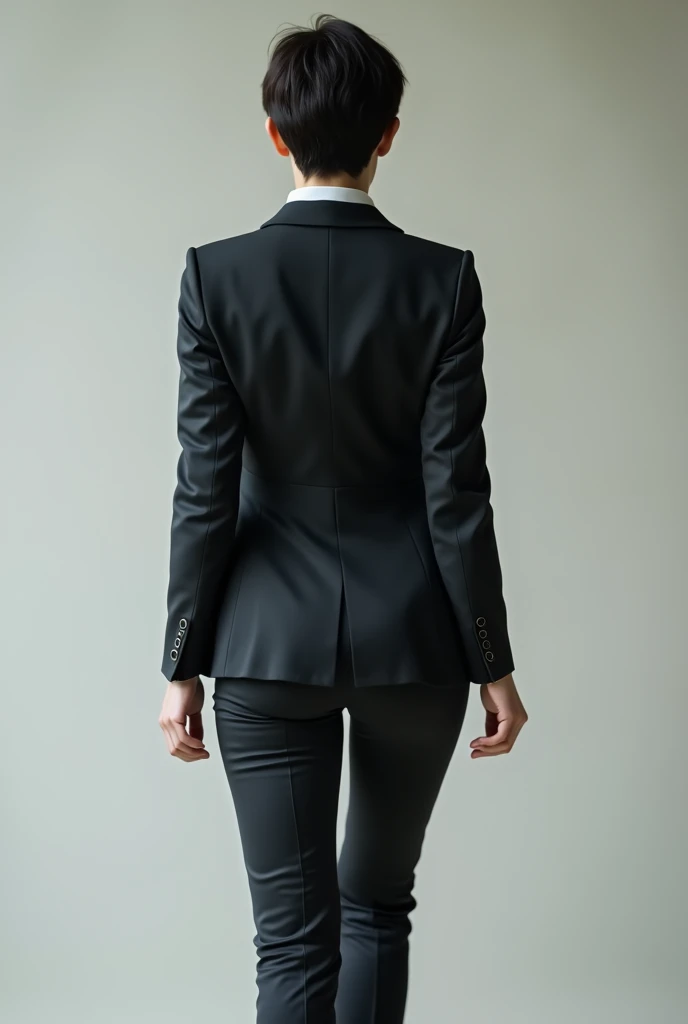 An athletic body type woman with a short black hair in a back view with a executive attire