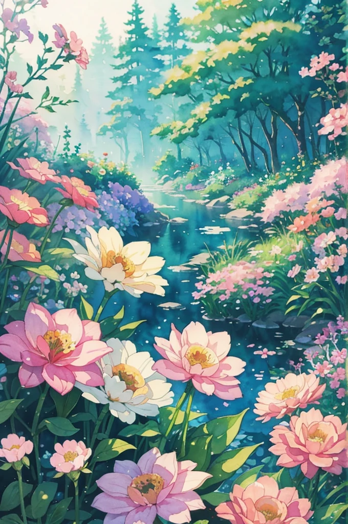 Studio ghibli inspired,Watercolor Floral, Garden Background, Watercolor, Blurry, Flower, Floral Phone Wallpaper