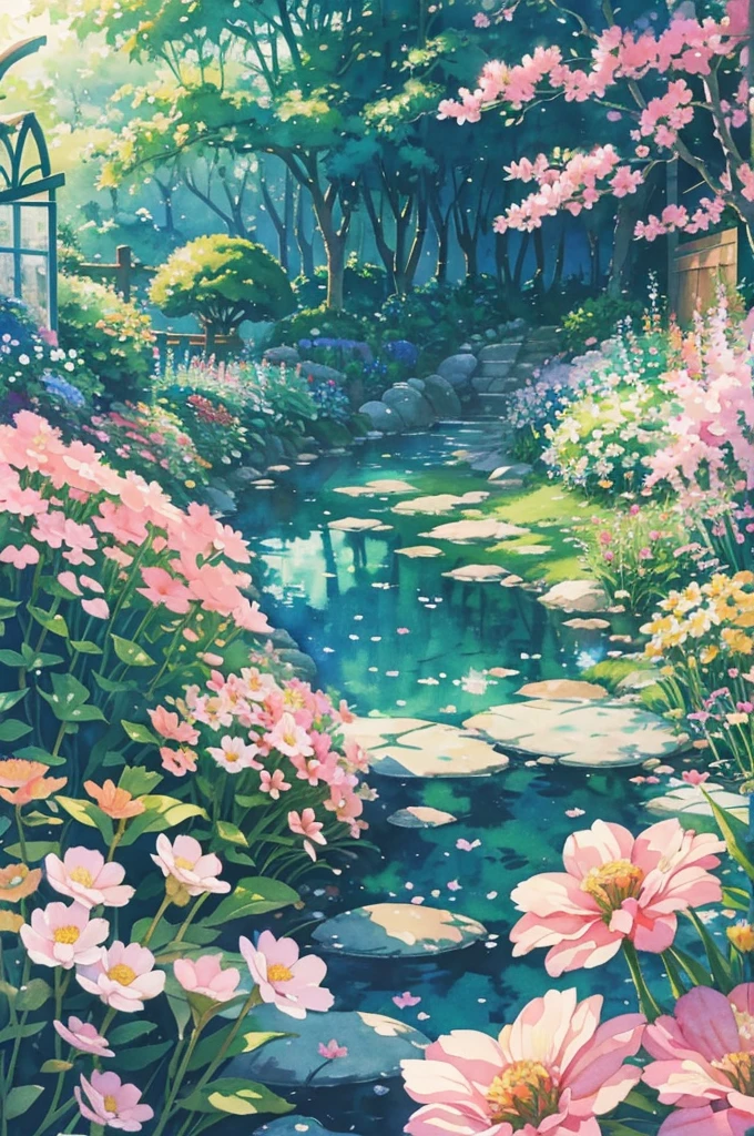 Studio ghibli inspired,Watercolor Floral, Garden Background, Watercolor, Blurry, Flower, Floral Phone Wallpaper